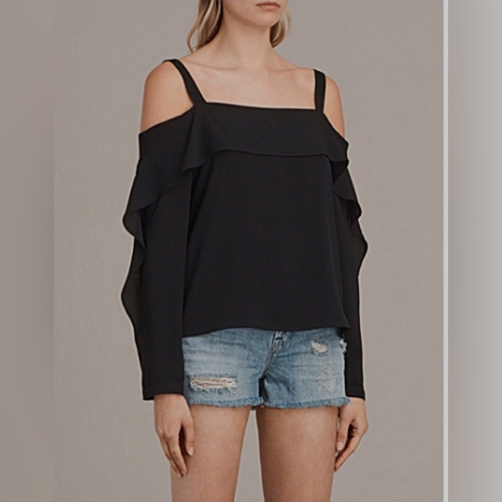 EUC All Saints Khan long sleeve cold shoulder flutter long sleeve detail blouse